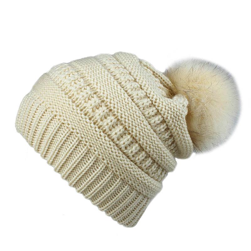 1Pc Fashion Winter Women Thick Warm Beanies Slouchy Pom Pom Beanie Cap Wool Knitted Hat