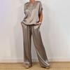 Casual Satin Loungewear Set with Crew Neck and Wide Leg Pants for Spring/Summer