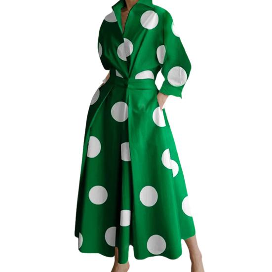 МОДА Женское весенне-осеннее платье с отворотом, V-образным вырезом, подходящим по цвету, обтягивающее, с высокой талией, длиной до середины икры, А-силуэта, со свободным подолом, с принтом, для дам, для поездок на работу и вечеринок, миди-платье