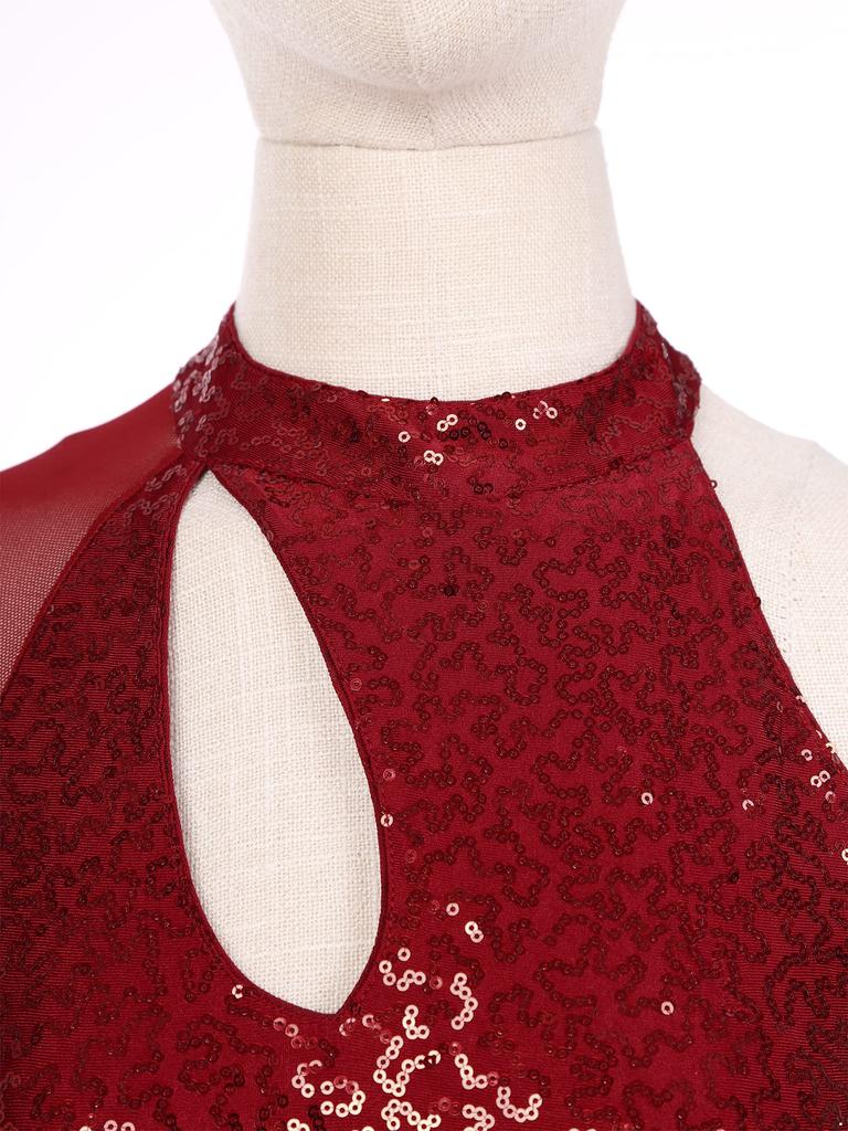 Женское платье для фигурного катания с блестящими пайетками, трико, на одно плечо, из прозрачной сетки, с длинным рукавом, халтер, танцевальная одежда