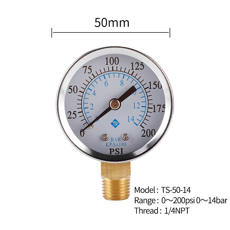 TS-50-14 1/4'' NPT Bottom Mount Pressure Gauge Dual Scale Water Pressure Gauge 0-200 PSI Test Range Oil Pressure Gauge