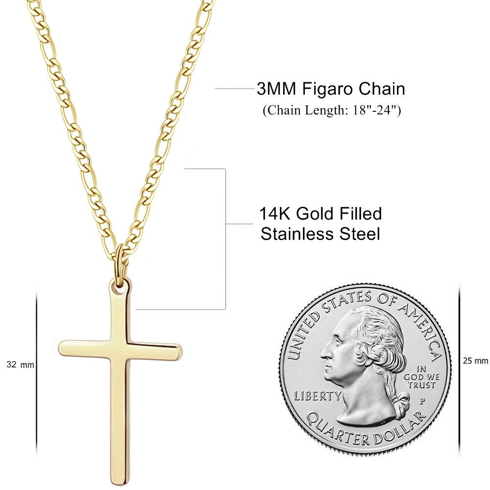 Ожерелье с крестом из 14-каратного золота для мужчин, цепочка Фигаро из нержавеющей стали, простое полированное ожерелье с крестом, простая вера, ювелирные изделия, подарок из нержавеющей стали