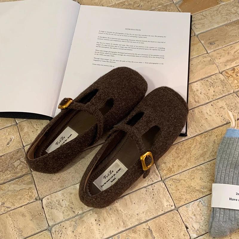 Мода 2025 Осень Шерстяная ткань Женские туфли-балетки Модные туфли с мелким вырезом и круглым носком Женские удобные балетки в стиле Мэри Джейн