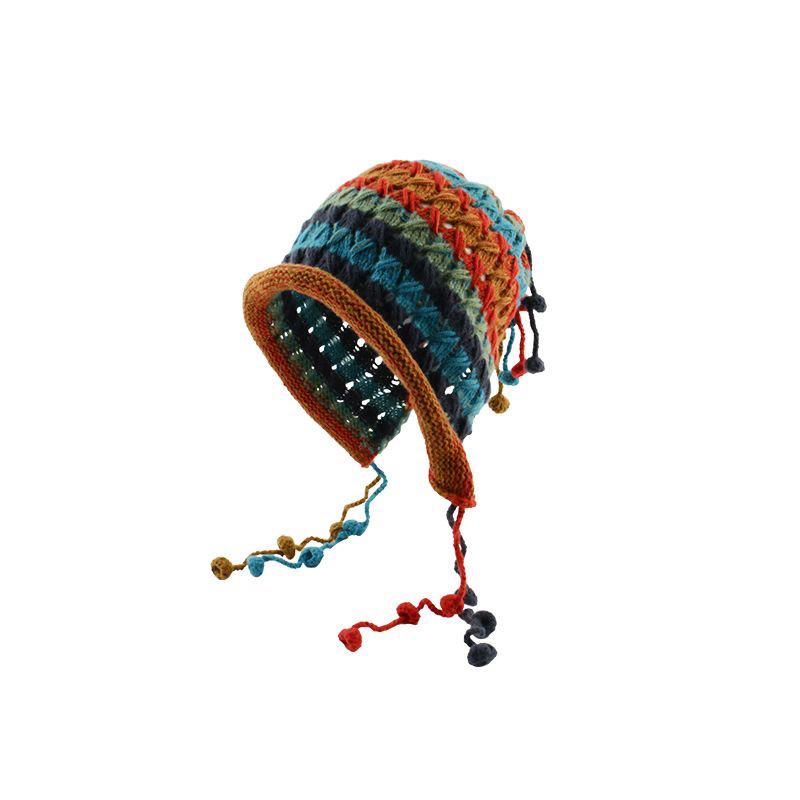 Handmade Women's Knitted Headgear Autumn and Winter Color Fringed Ball Lace-up Ear Protector Hollow Knitted Wool Cap