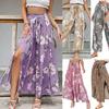Women's Printed Trousers Elastic Belt Wide Leg High Waist Long Culottes