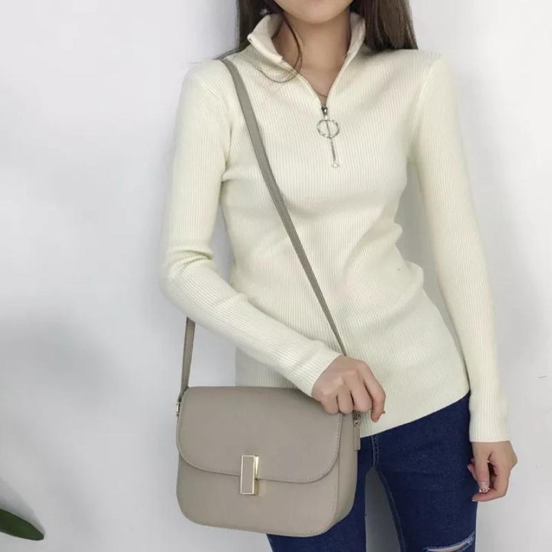 Осенний новый длинный рукав облегающий свитер женский зимний полувысокий воротник на молнии вязаный свитер женский модный базовый теплый трикотажный свитер 24968