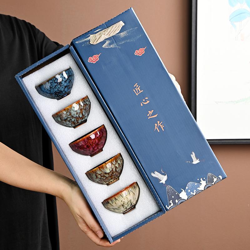 The whole set of merchandise Guochao teacup set, tea set, ceramic five-element cup gift box, gifts for customers foreigners