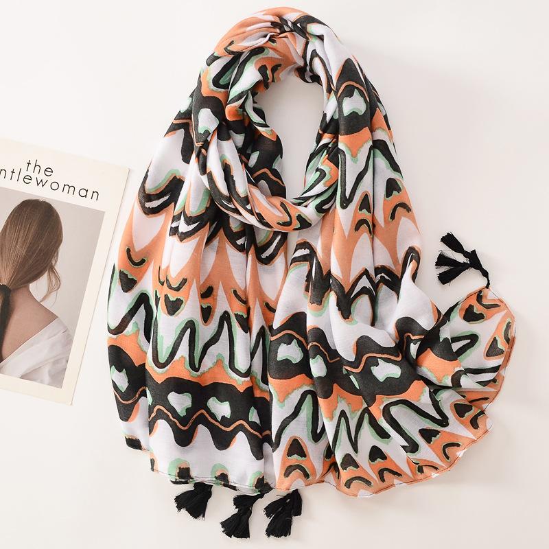 Beige Coffee Scarf Luxury Thin Womens Scarves Spring Floral Hijab Veils Soft Cotton Shawl Wrap Tassel Viscose Muslim Woman Hijab