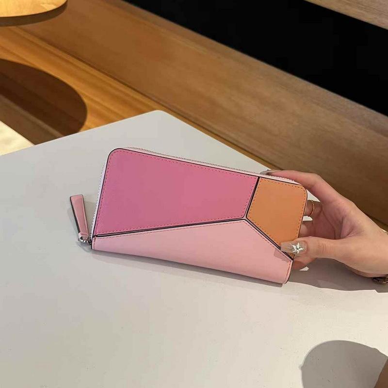 2025 New Genuine Leather Wallet For Women's Handheld Wallet Long Simple Color Contrasting Geometric Splicing Single Zipper Women's Money