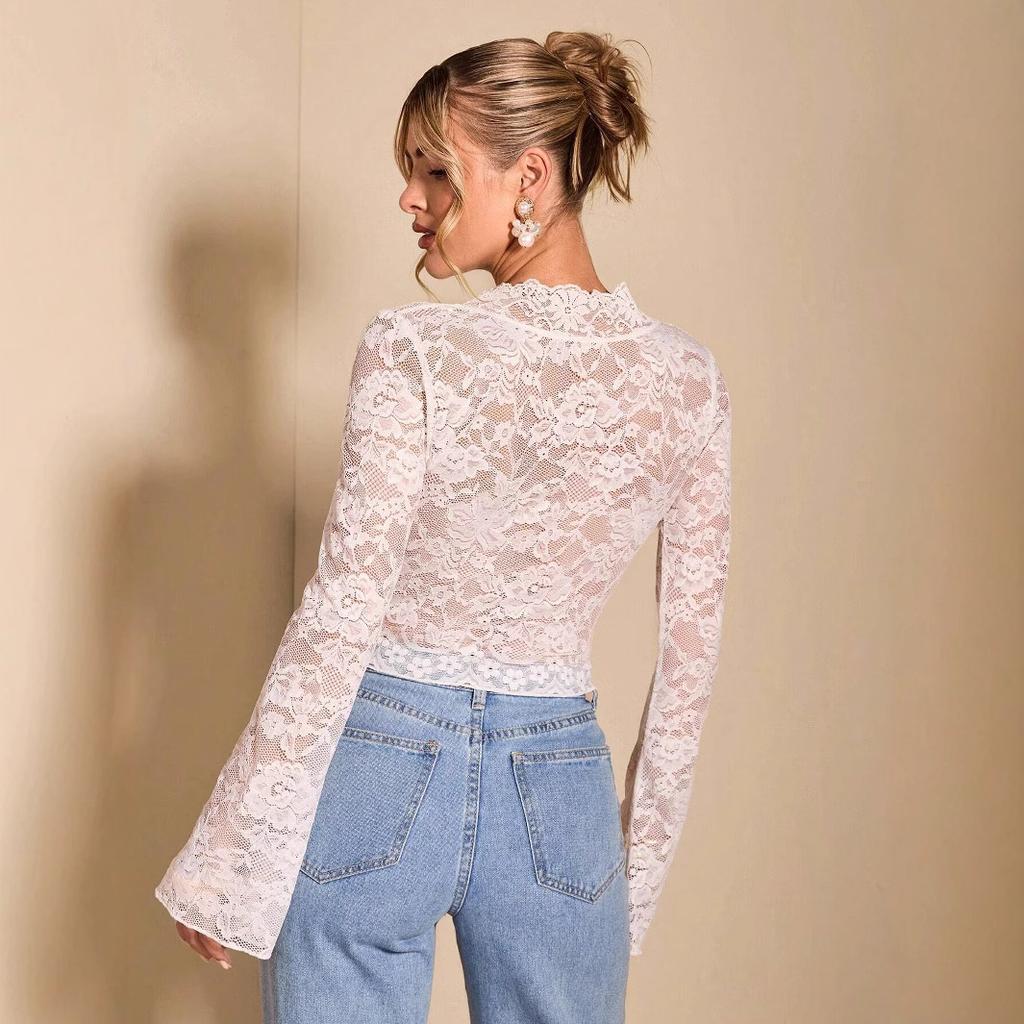 Spring Elegant Women's Solid Colour Sexy Transparent Lace V-Neck Tight Flare Long Sleeve T-Shirt