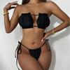 2024 European & American Style Pleated Hollow Out Lace-Up Bandeau Solid Color Sexy Bikini Swimwear