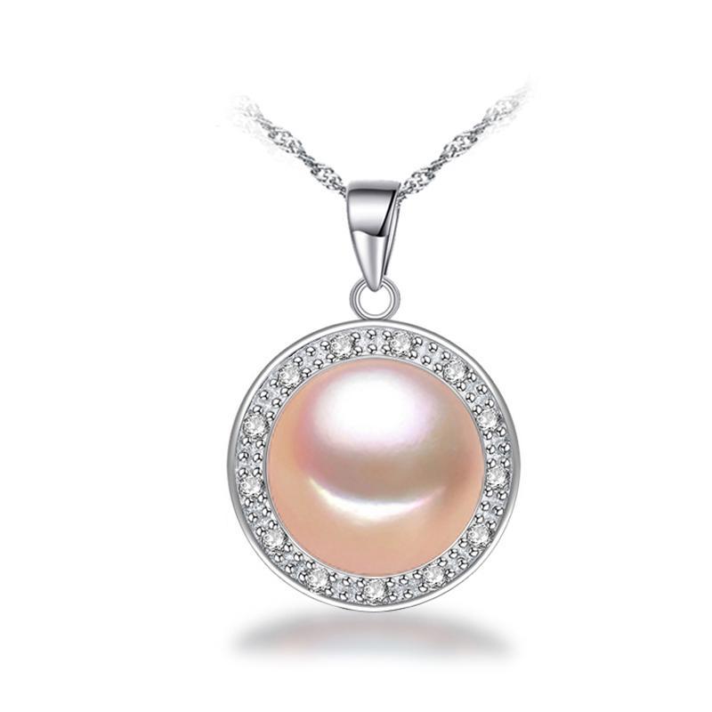 LSOOYH Round Design 10-11mm Big Natural Freshwater Pearl Jewelry Necklace Cubic Zirconia CZ Necklace