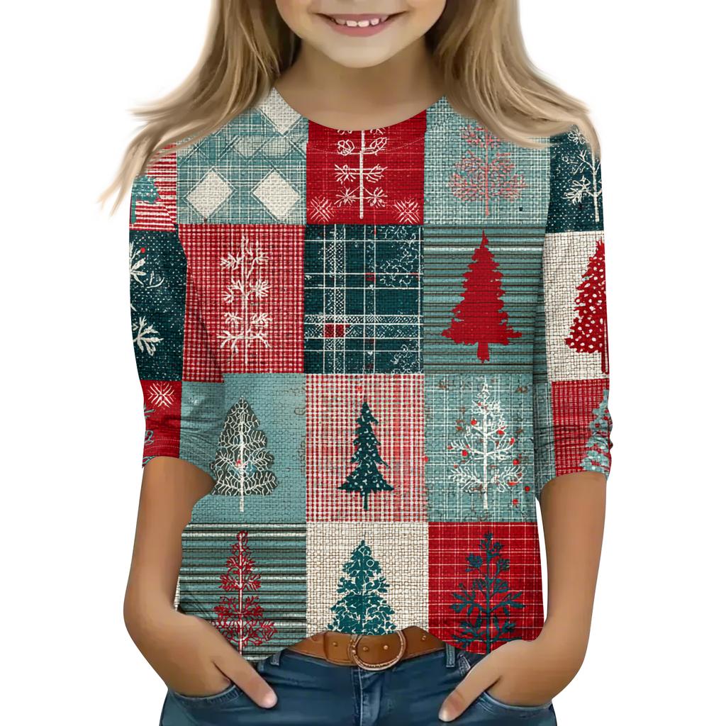 Children's 3/4 Sleeve Round Neck Top Christmas Tree Printed Everyday Casual Top