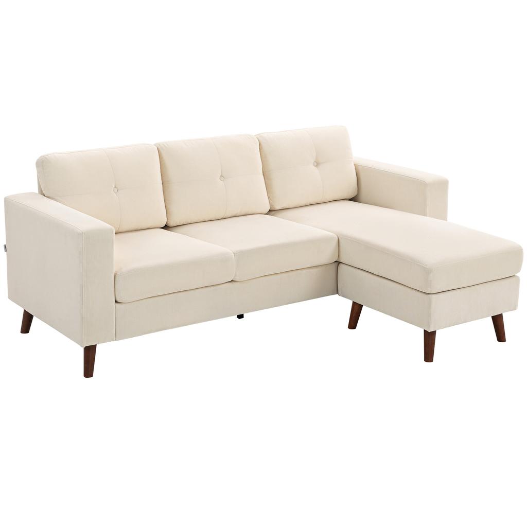 Corner Sofa 192 cm L-Shape 3-Seater Sofa with Reversible Chaise Longue, Corduroy Look, for Small Spaces, Cream White