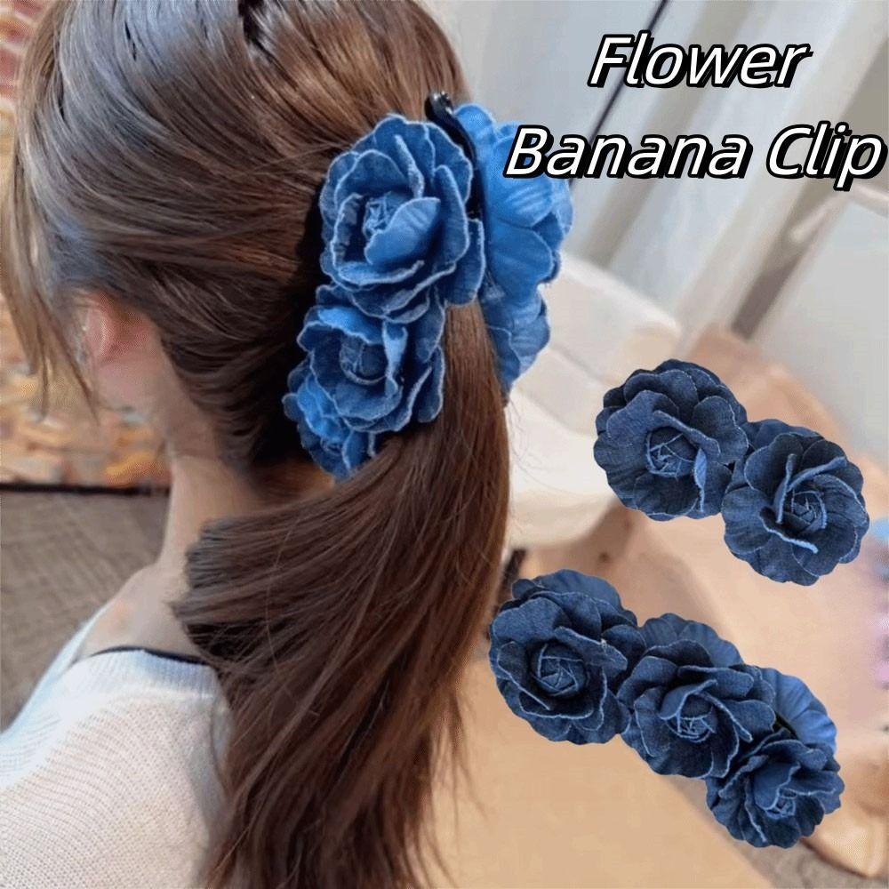 Denim Blue Women Vertical Clip Camellia Floral Twisted Hair Clip Sweet Flower Banana Clips Spring