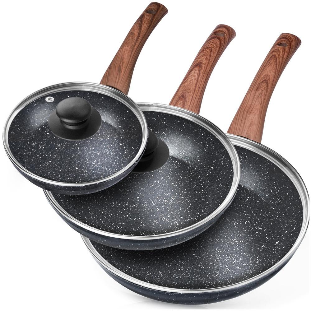 Set Of Granite Frying Pans With Glass Lids Black&Wood 16 / 20 / 24 Cm 3 Pcs.