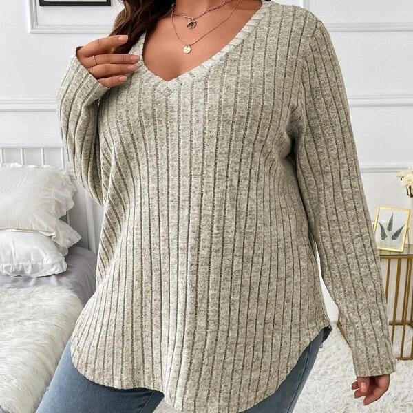 GMXIA Осень-зима, однотонный женский топ больших размеров с v-образным вырезом и длинными рукавами, шерстяная футболка в полоску, свободный чехол