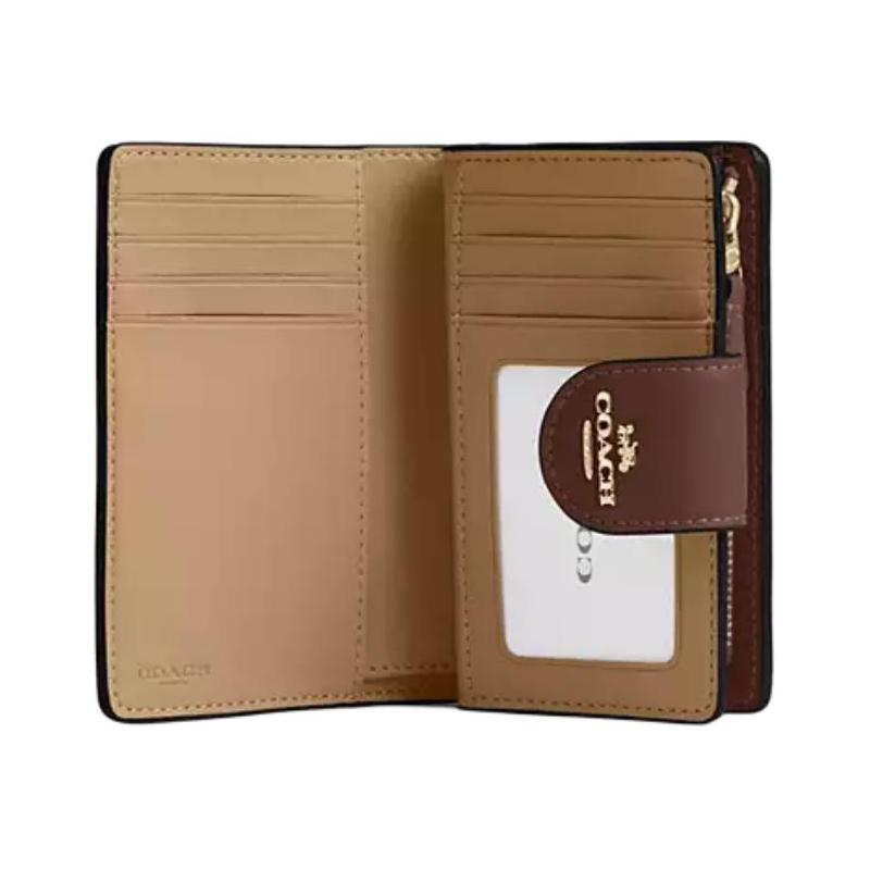 Coach SignatureCanvas 13 Фирменный логотип Застежка-кнопка Премиум-кожа Кошелек Маленький Женский Коричневый с коричневым Коричневый и коричневый