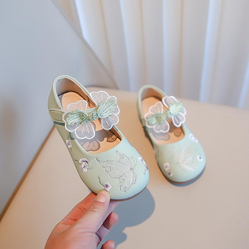 Girl Leather Shoes Mary Jane Sweet Embroider Butterfly Children Hanfu Performance Single Shoes Fashion Kids Princess Dress Shoes