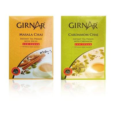 Girnar Растворимый чай Масала и Кардомом (Низкое содержание сахара) - 80 грамм, 10 пакетиков каждый (Комбинация из 2)