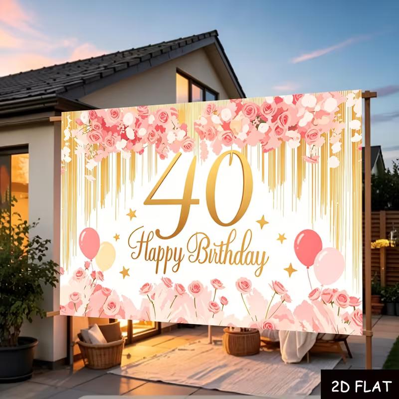 Двумерный плоский фон для 40-летия с розовыми цветами и шарами