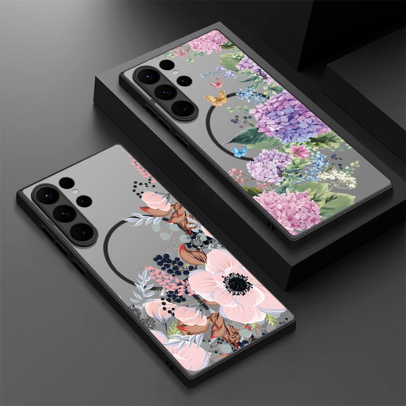 Matte Magnetic Case For Samsung Galaxy S25 S24 S23 Ultra S22 Plus S24 S21 S20 FE For Magsafe Retro Flowers Clear Hard PC Cover