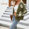 Women Knitting Coat Floral Pattern Sweater Cardigan V-Neck Long Sleeve Buttons Placket Knitwear Jacket