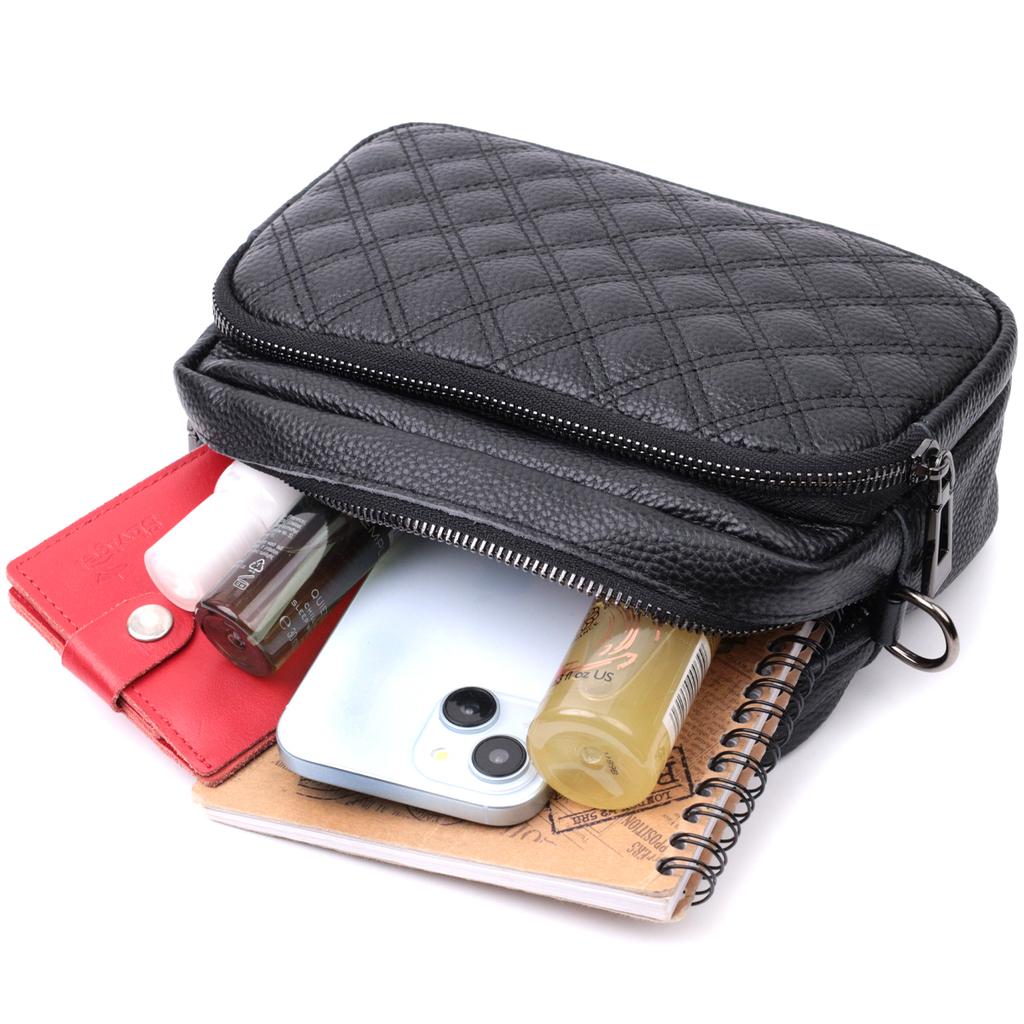 Women's Bag Stitched with Diamonds On the Front Side Made of Genuine Leather Vintage 22634 Black