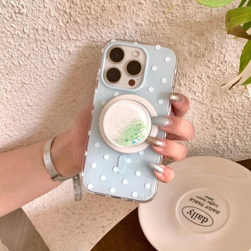 Minimalist Polka Dot Liquid Sand Magnetic Stand Compatible with iPhone 17 Pro Max Apple 16 Phone Case 15 Double Layer 14 for Women