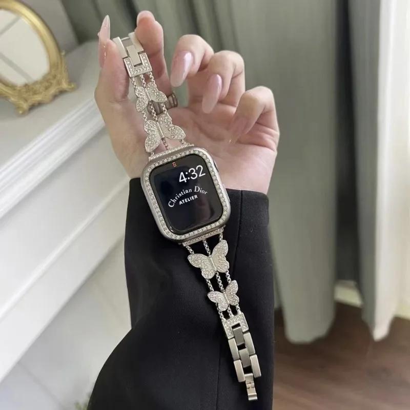 Ремешок для часов, металлический ремешок для Apple Watch, ремешок Ultra, 4 мм, 45 мм, 40 мм, 41 мм, 49 мм, блестящая цепочка-браслет-бабочка для iWatch Series 9, 8, 7, 6, 5 SE 4, 3