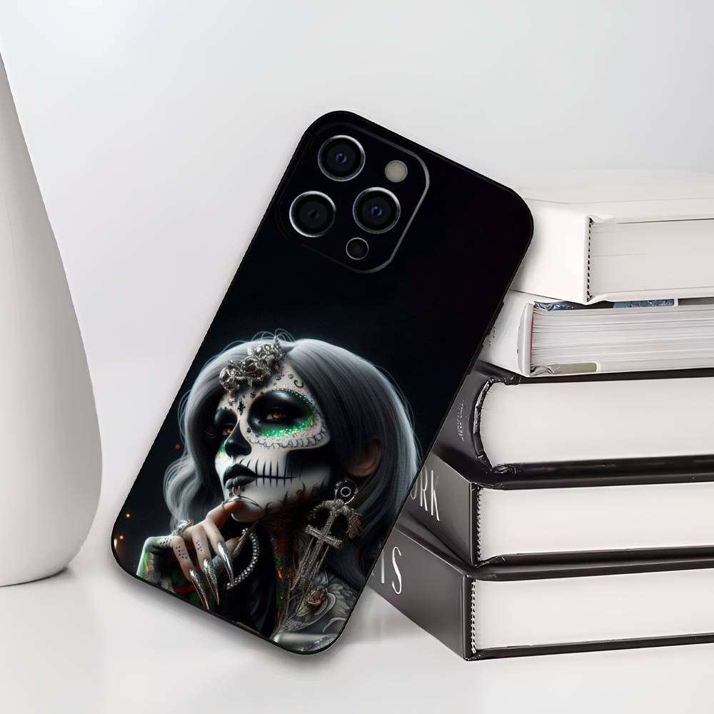 Day of the Dead Catrina Skull Phone Case For IPhone 17,16,15,14,13,12,11,Plus,Pro,Max,Plus,XS,soft case Black silicone