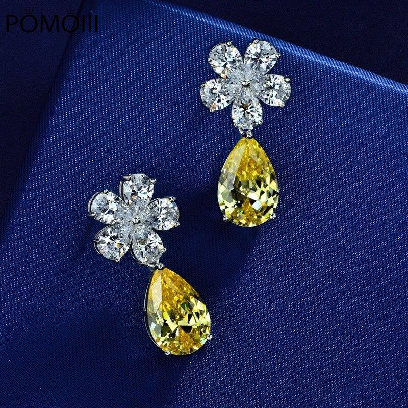 Luxury S925 Sterling Silver Drop Earrings For Women Sparkling 10*14mm Yellow Diamond Ladies Earrings Fine Jewelry Earrings Gifts