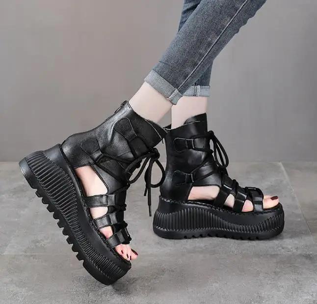 Модные 8 см Этнические Коровьи Натуральная Кожа Ботильоны Женские Полые Пикантный Носок Платформа Танкетка Дышащие Молния Летняя Мода Женская Обувь