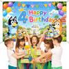 Kids 4 Years Birthday Fabric Backdrop Bluey Theme Party Decoration Cartoon Cake Balloons Flags Gifts Photo Party Supplies