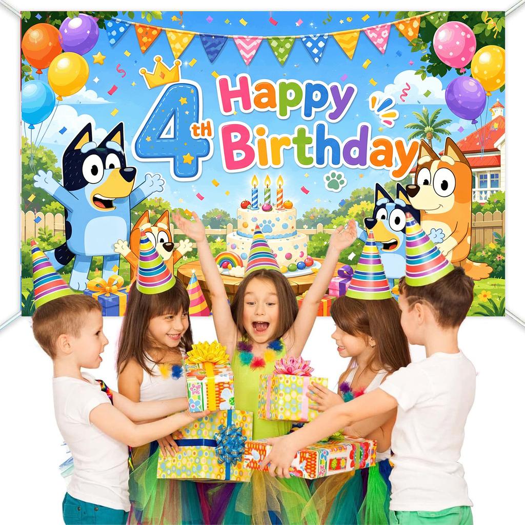 Kids 4 Years Birthday Fabric Backdrop Bluey Theme Party Decoration Cartoon Cake Balloons Flags Gifts Photo Party Supplies