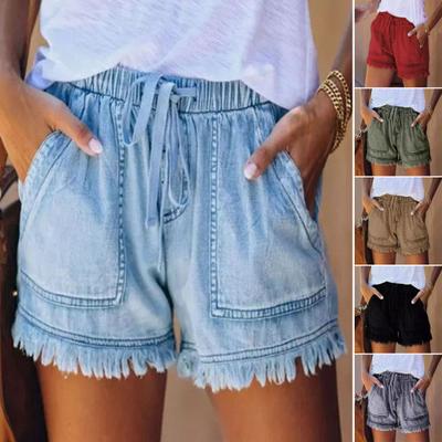 Женские шорты с эластичным поясом средней посадки и широкими карманами на шнурке, впитывающие пот, однотонные манжеты с кисточками, спортивные шорты, уличная одежда
