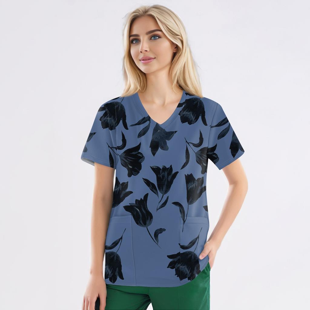 Рабочая форма больших размеров с принтом, топы для женщин, забавные футболки с v-образным вырезом и короткими рукавами, рабочая одежда, футболка с карманами