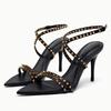 Fashion Luxury Designer Rivet Embellished Thin Heeled Sandals Women Summer Sexy Pointed Toe Ankle Strap High Heels Elegant Party Shoes