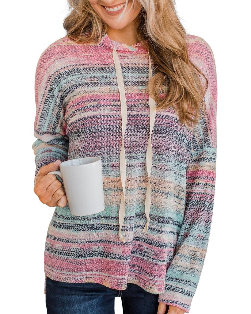 Azura Exchange Multicolor Striped Print Cable Knit Drop Shoulder Hoodie