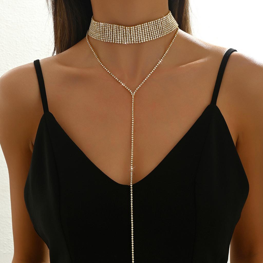 Body Chain Jewelry Sexy Double Neck Chain Super Flash Diamond Long Necklace Collarbone Chain Gold Black