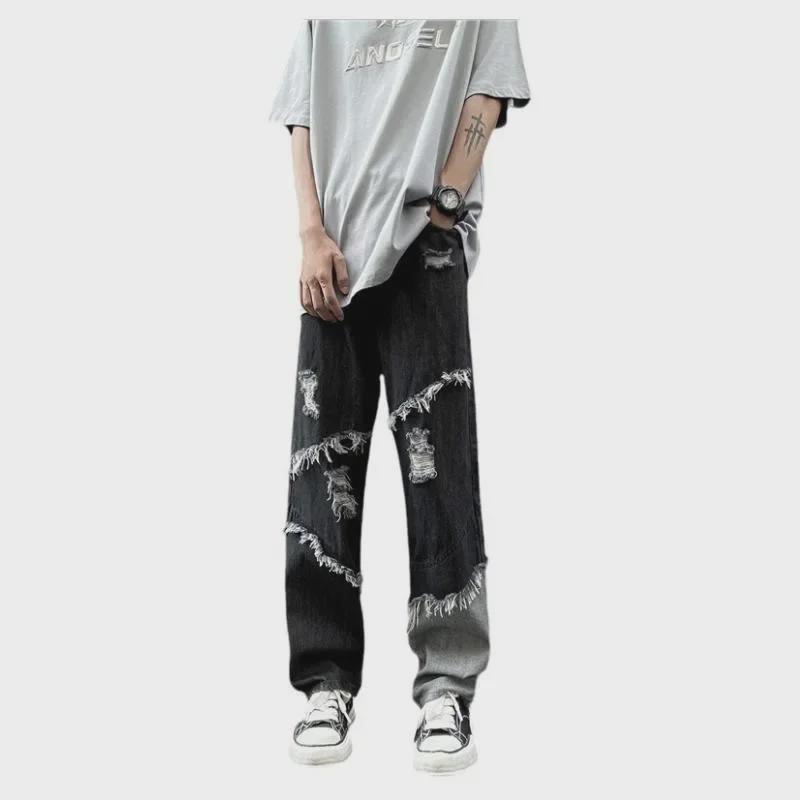 Men's Trendy Harajuku Tassel Jeans - Loose Fit, Raw Edge, Hip-Hop Style with Contrast Color Straight Pants
