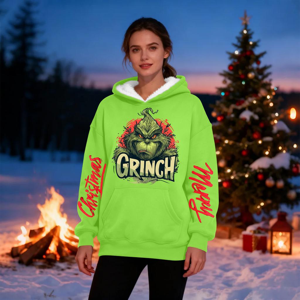 Women's Casual Fashion Plus Velvet Thickened Christmas Print Hooded Sweatshirt