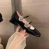One-word buckle Mary Jane shoes leather shoes women's shoes high heels women's spring thick heel square head shallow mouth single shoes 2025 patent