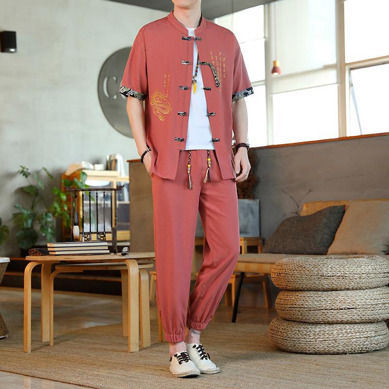 Suxi Men's Summer Chinese Embroidered Two-Piece Retro Suit 8617