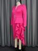 AOMEI Fuchsia V Neck Hem Flounced Dresses Long Sleeve High Waist Irregular Women Party Midi Gowns