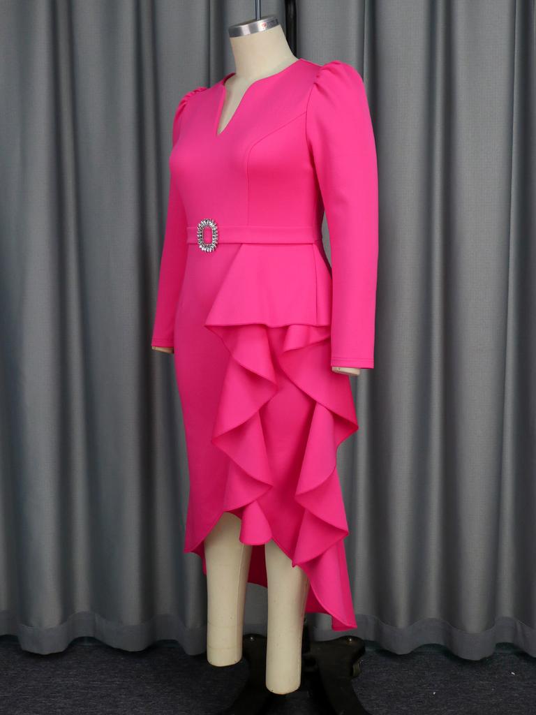 AOMEI Fuchsia V Neck Hem Flounced Dresses Long Sleeve High Waist Irregular Women Party Midi Gowns