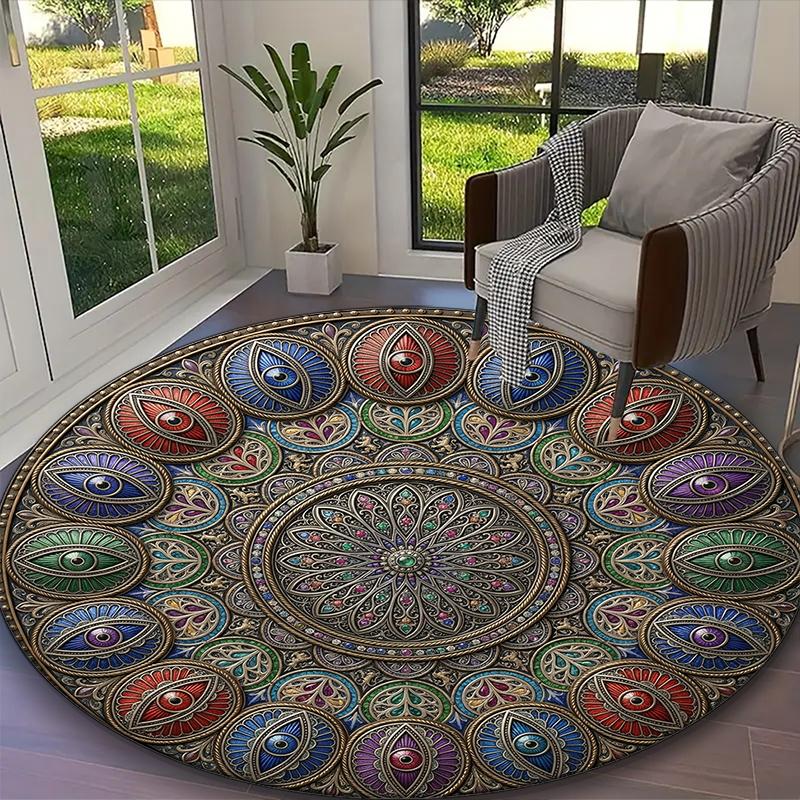 1pc Golden Teal Intricate Mandala Printed Chair Rug for Home Office Use, Living Room Kitchen Game Room Round Carpet
