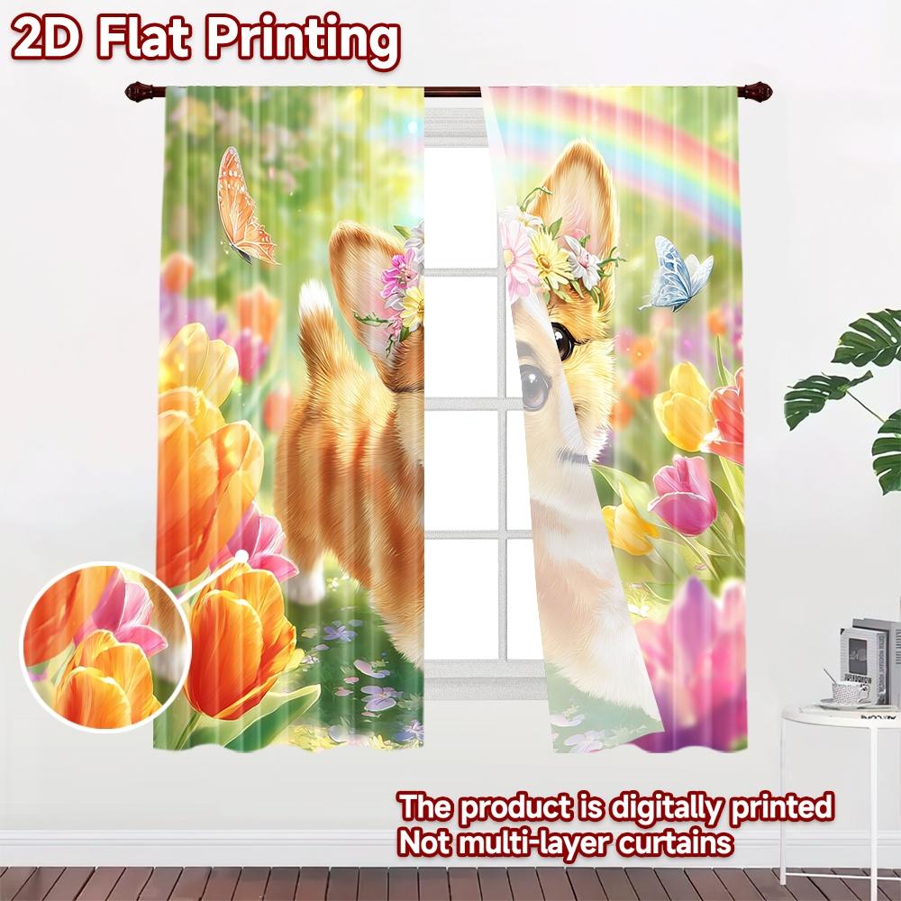 2D flat printing 2pcs Party Window Curtains Cute Corgi Flower Crown Butterflies Digital Printed Polyester Drapes Holiday