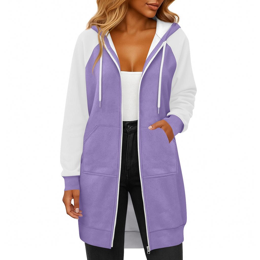 Women's Fashionable Color Blocked Long Sleeved Drawstring Hooded Zipper Pocket Long Casual Sweatshirt Jacket