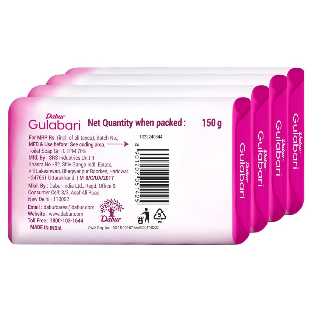 Dabur Мыло Gulabari Pure Rose 150г Упаковка из 4 штук Увлажняющее мыло для купания для сияющей кожи